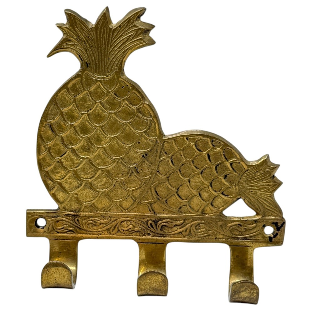 Vintage Pineapple Wall Hook Rack Gold Brass 3-Hook Tropical Decor